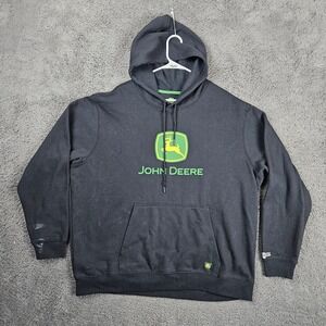 John Deere Mens 2XL Black Fleece Hoodie Pullover Logo Graphic Double Tough